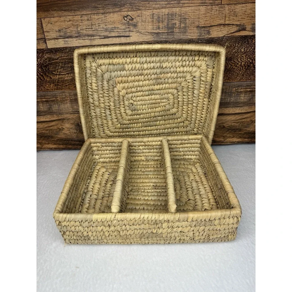 Handwoven Wicker‎ Lidded Basket Organizer Box 3 Compartments Boho Storage 9x12